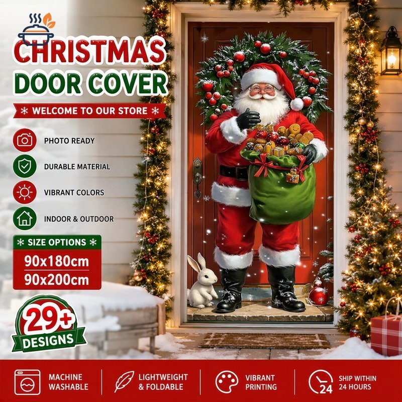 Christmas Door Cover Polyester Santa Claus Door Banner Winter Decor Christmas Photography Backdrop