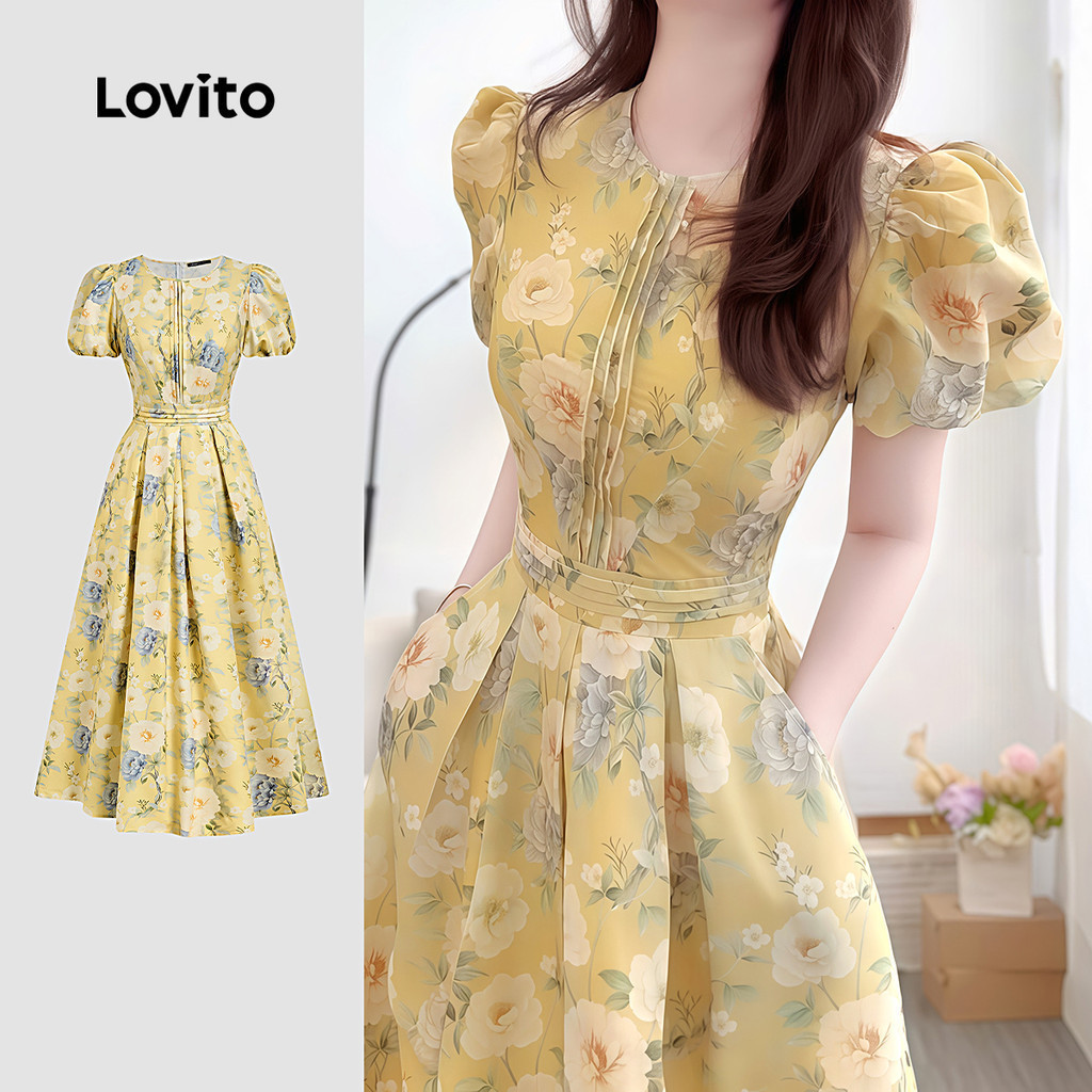 Lovito Women Elegant Dress Korean Floral Spring/summer Dress L177ED252