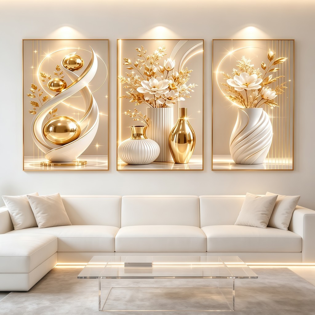 3Pcs Rose Gold Abstract Geometric Wall Art Luxury Flower Nordic Decor for Living Room Bedroom