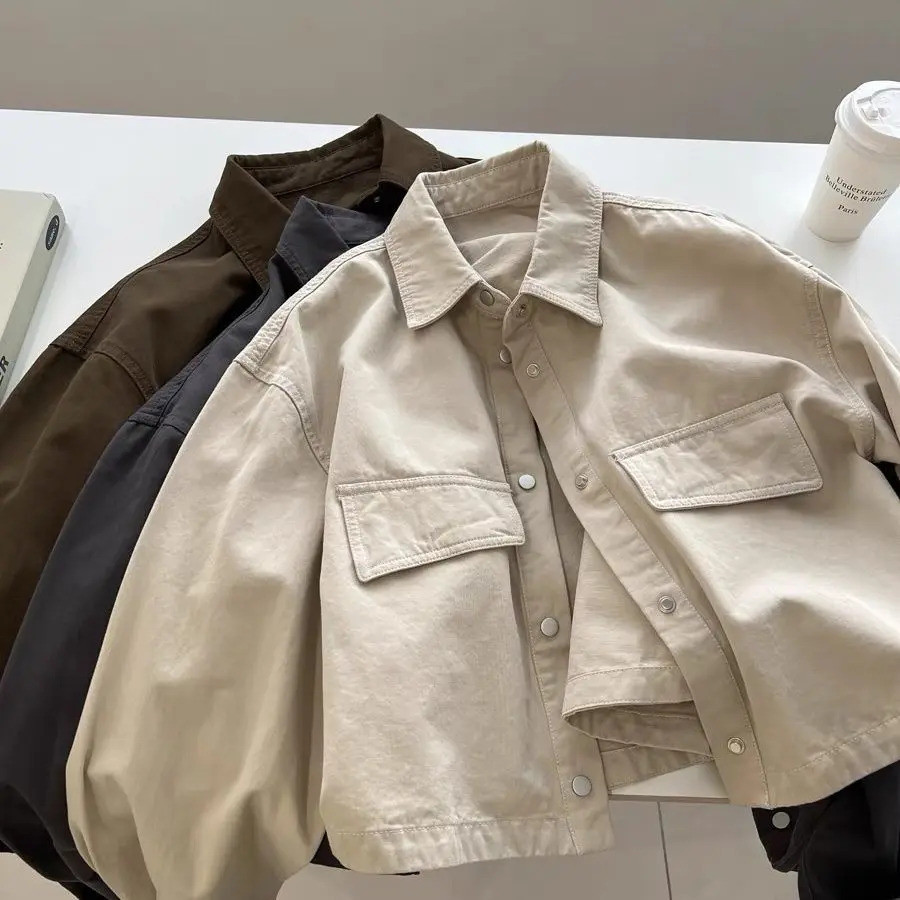 Korean Style Polo Collar Cargo Jacket Women Loose Fit Cropped Versatile Jacket Top Trendy