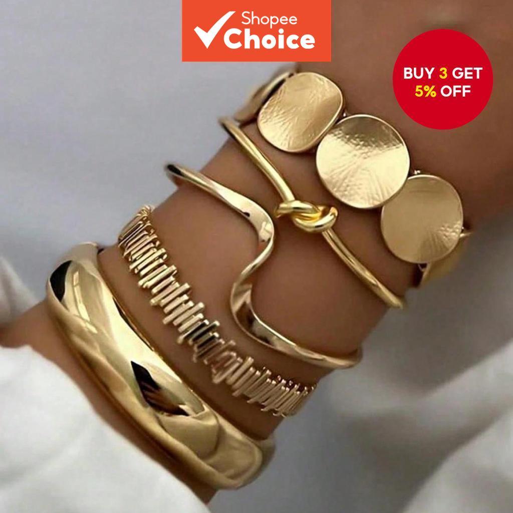 Vintage 5pcs Gold Bangle Set Geometric Design Wide Metal Punk Jewelry Accessories