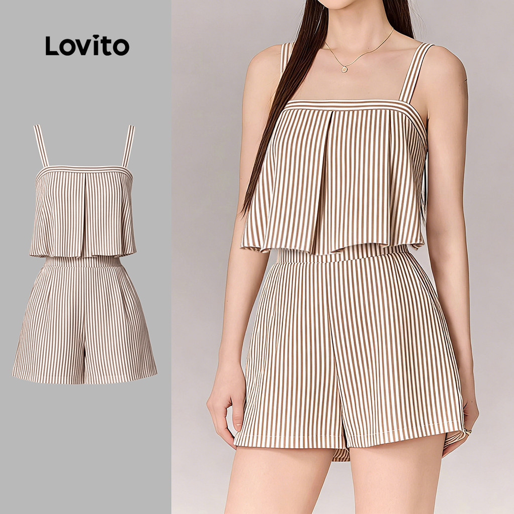 Lovito Women Casual Jumpsuit Striped Pleated Spring/summer Pink Jumpsuit L189ED069