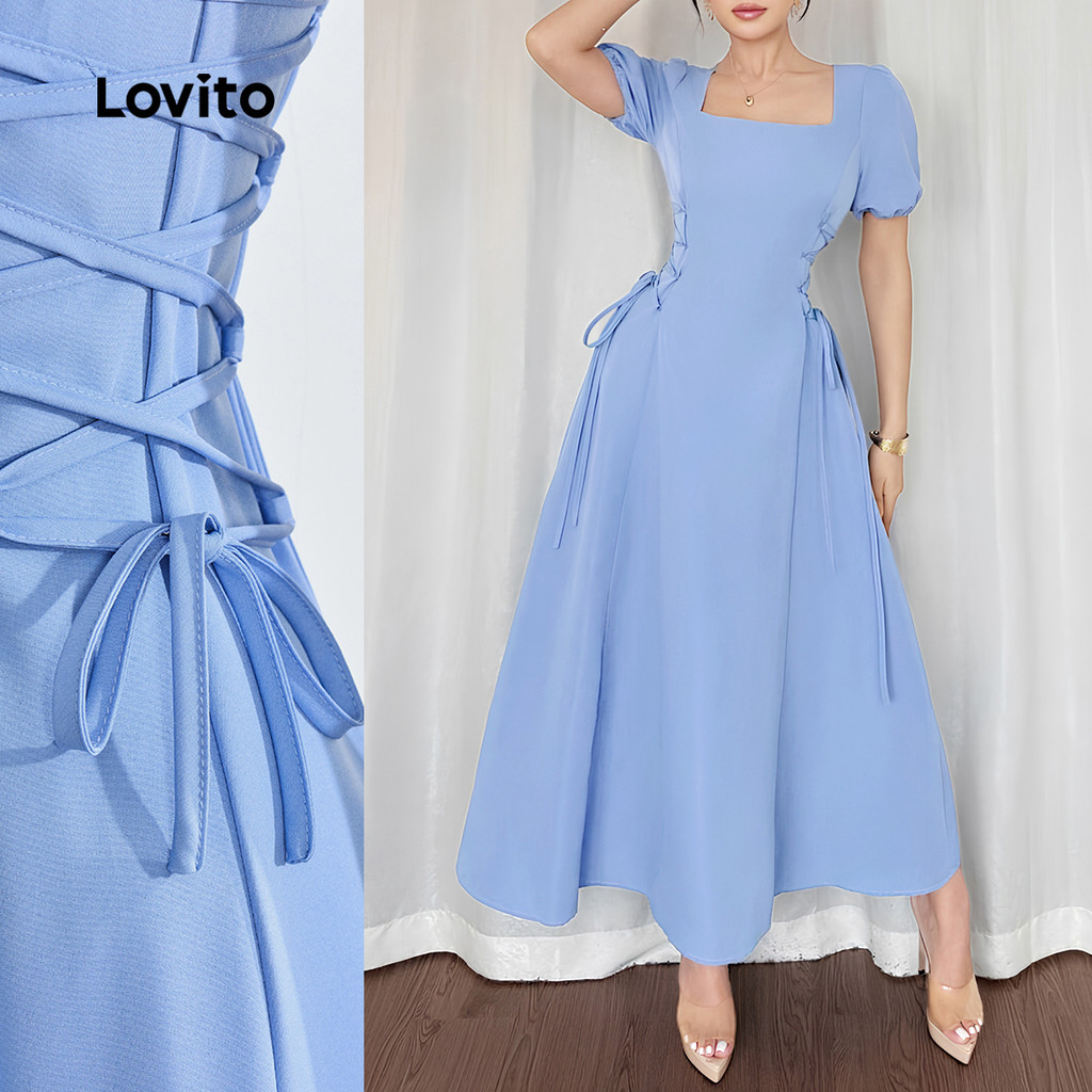 Lovito Women Formal Elegant Plain Lace Up Spring/Summer Blue Korean Dress LBL25449