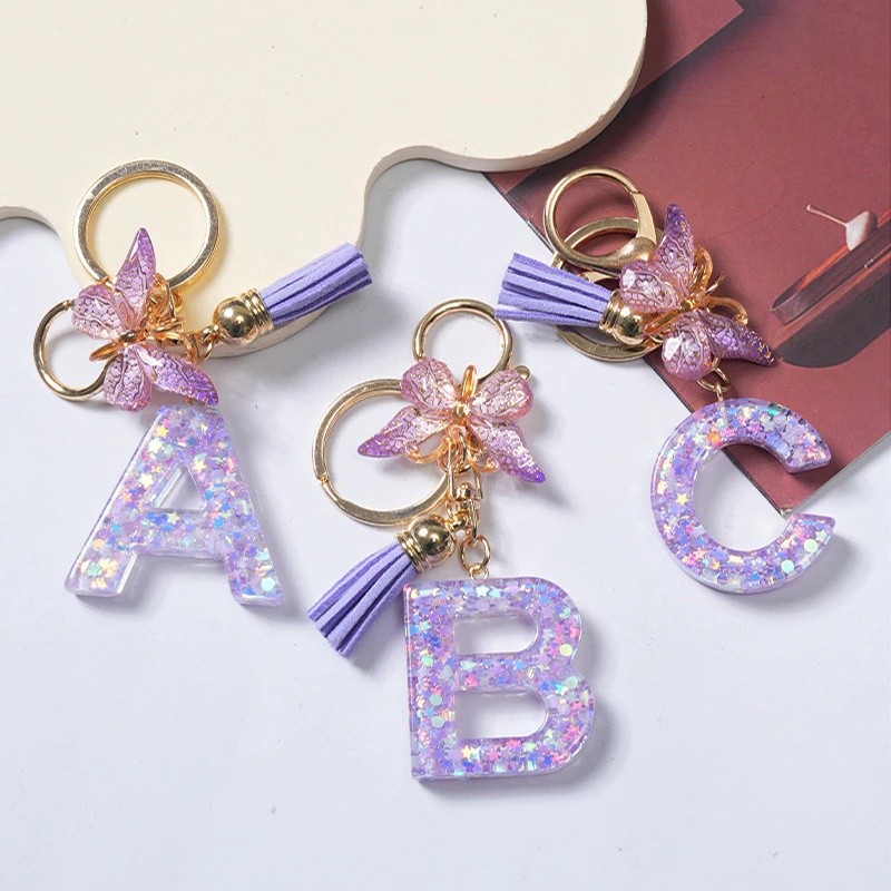 A-Z Letter Keychains Sweet Heart Tassel Initial Resin Keyrings Bag Pendant Party Gifts Souvenir