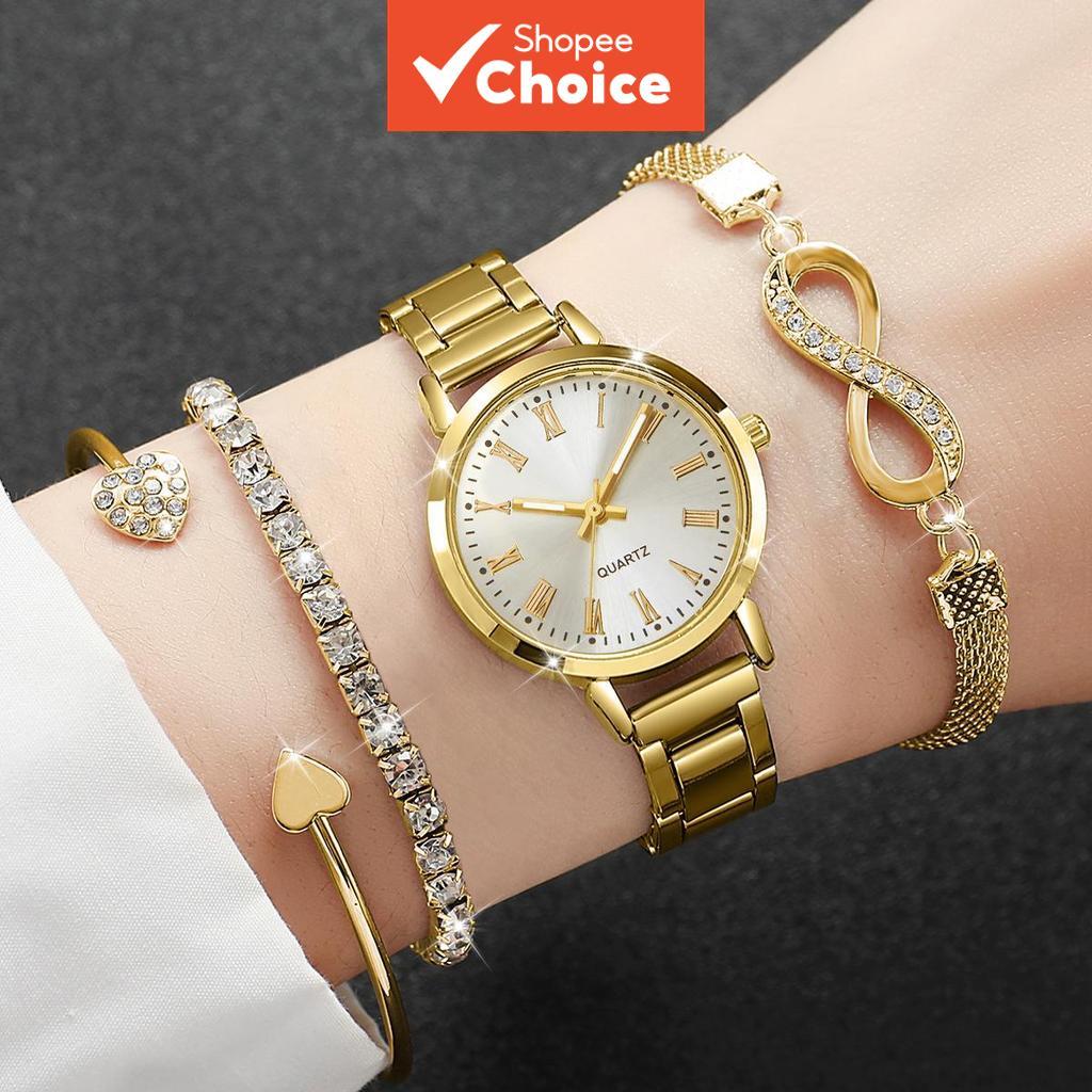 4PCS Women Quartz Watch with Imitation Diamond Bracelet Set Alloy Strap Wristwatch Girls Gift Withou