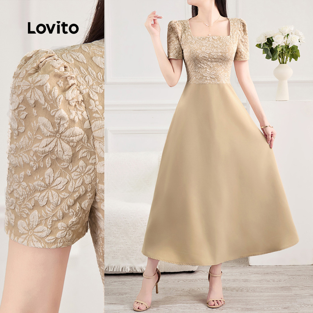 Lovito Women Elegant party Dress Korean Fake 2in1 Spring/summer Khaki Dress L150AD933