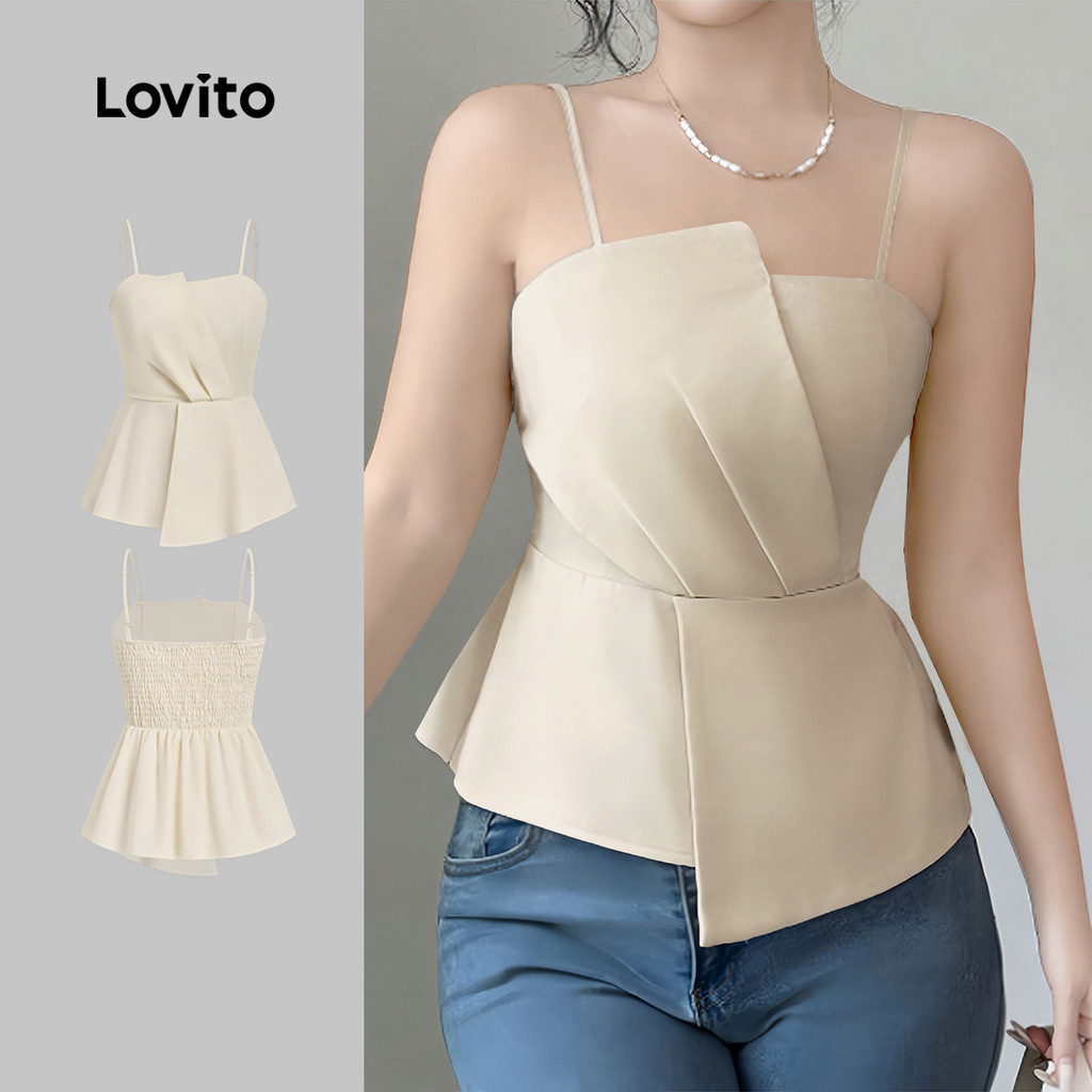 Lovito Women Casual Top Korean Asymmetrical Smocked Spring/summer Khaki Top L177ED291