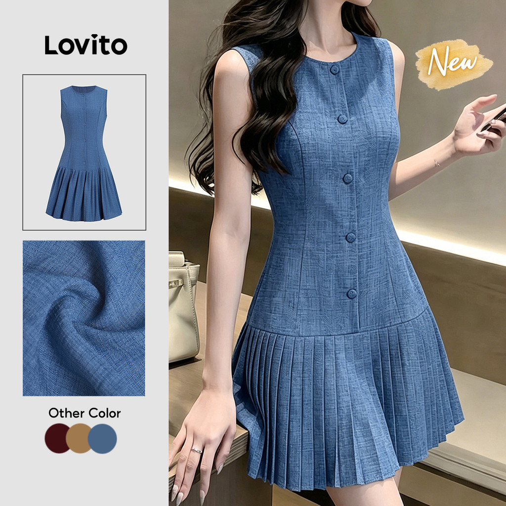 (New Arrival) Lovito Women Elegant Dress Plicated Button Spring/summer Yellow Dress DRK8P2D651