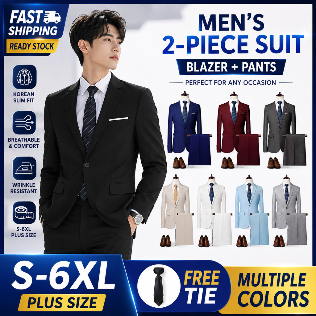 Men's Black Suit 2-Piece Set Formal Business Tuxedo Slim Fit Coat Blazer Pants Office Wedding Wear