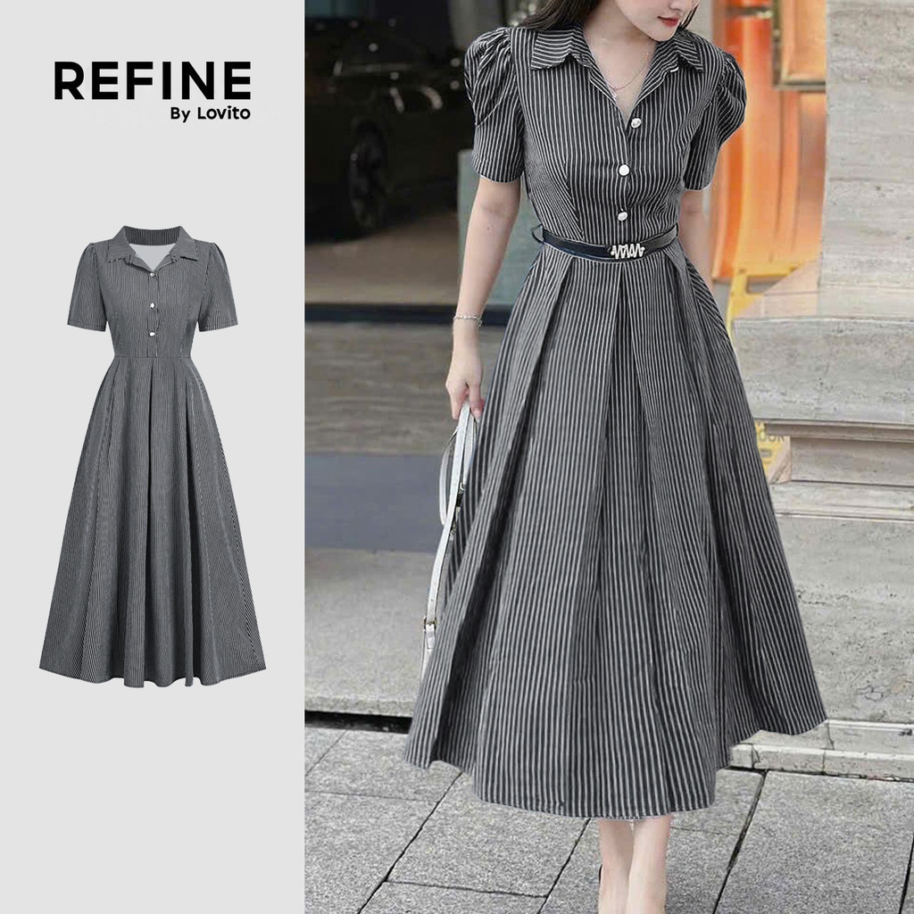 (Refine by Lovito) Women Elegant Dress Office Korean Commute Classic And Versatile Button Front Zipp