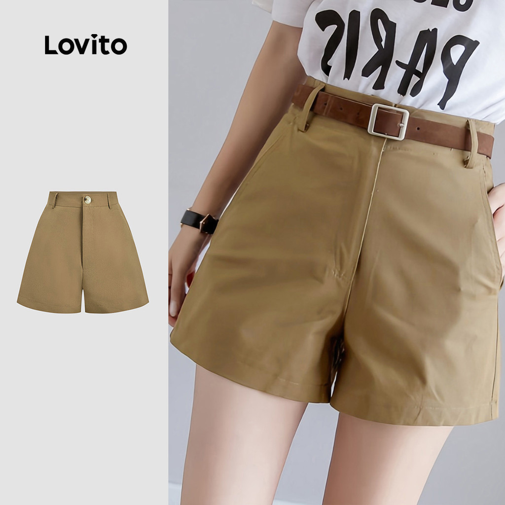 Lovito Women Casual Shorts Korean Classic and Versatile Leisure Spring/summer Khaki Shorts L155ED141