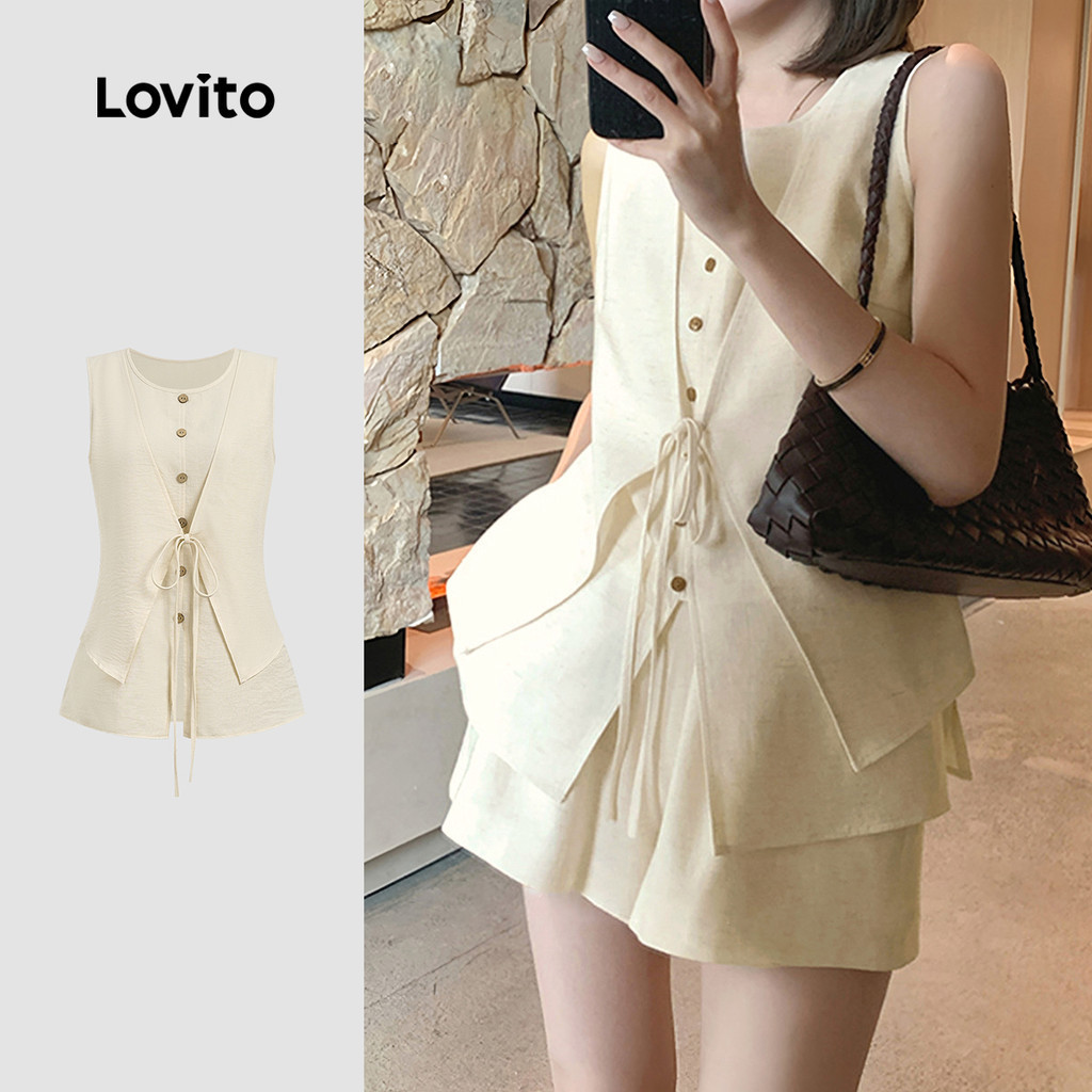 Lovito Women Elegant Casual Tops or Bottoms Fake 2in1 Pocket Spring/summer Offwhite Suit Tops or Bot