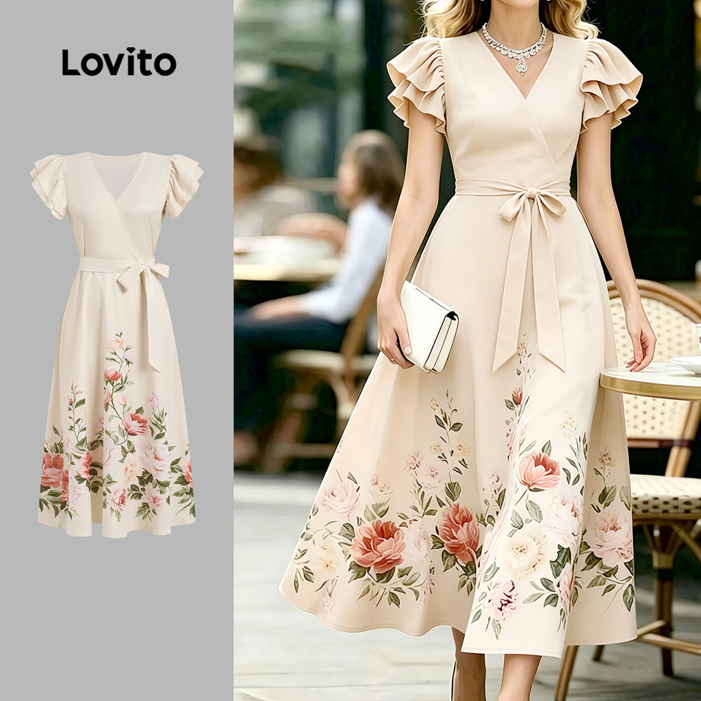 Lovito Women Boho Dress Pleated Belted Spring/summer Dress LK6ED300
