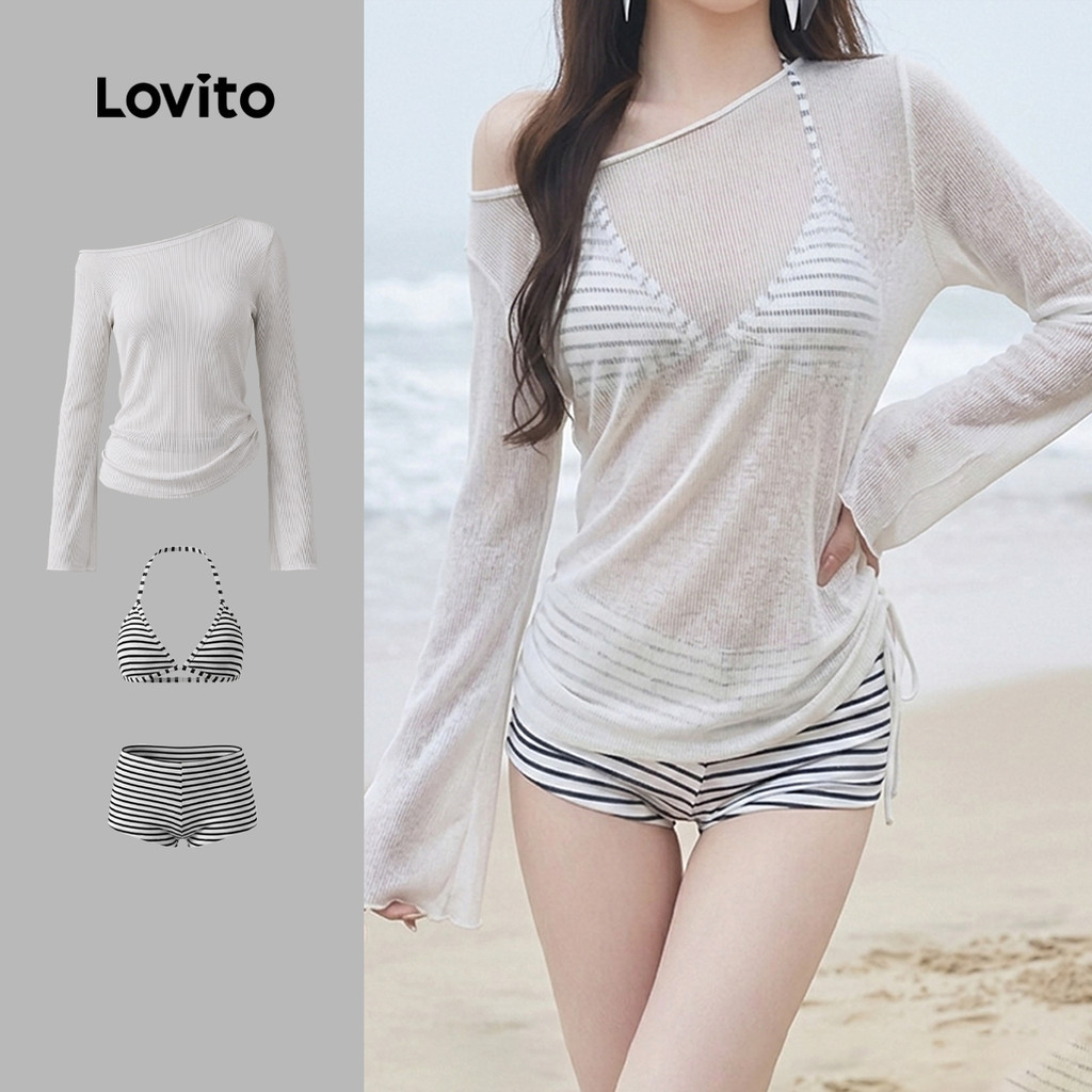 (New Arrival) Lovito Women Casual Bikini Sets Pack of 3 Combined Drawstring Spring/summer Bikini Set