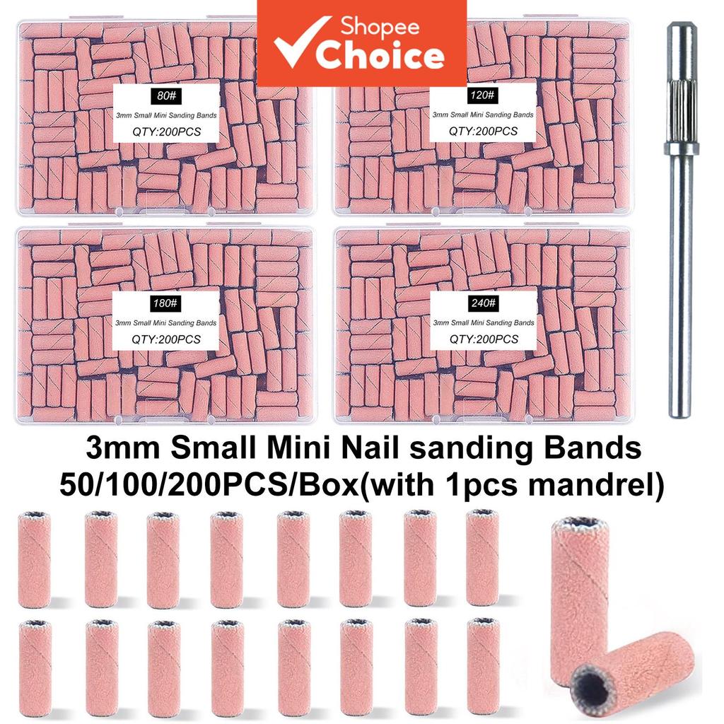 Kit-50/100/200Pcs Sand Ring Bands Box with 1PC 3mm Mini Mandrel, 80/120/180/240 Grit Nail Sanding Bi