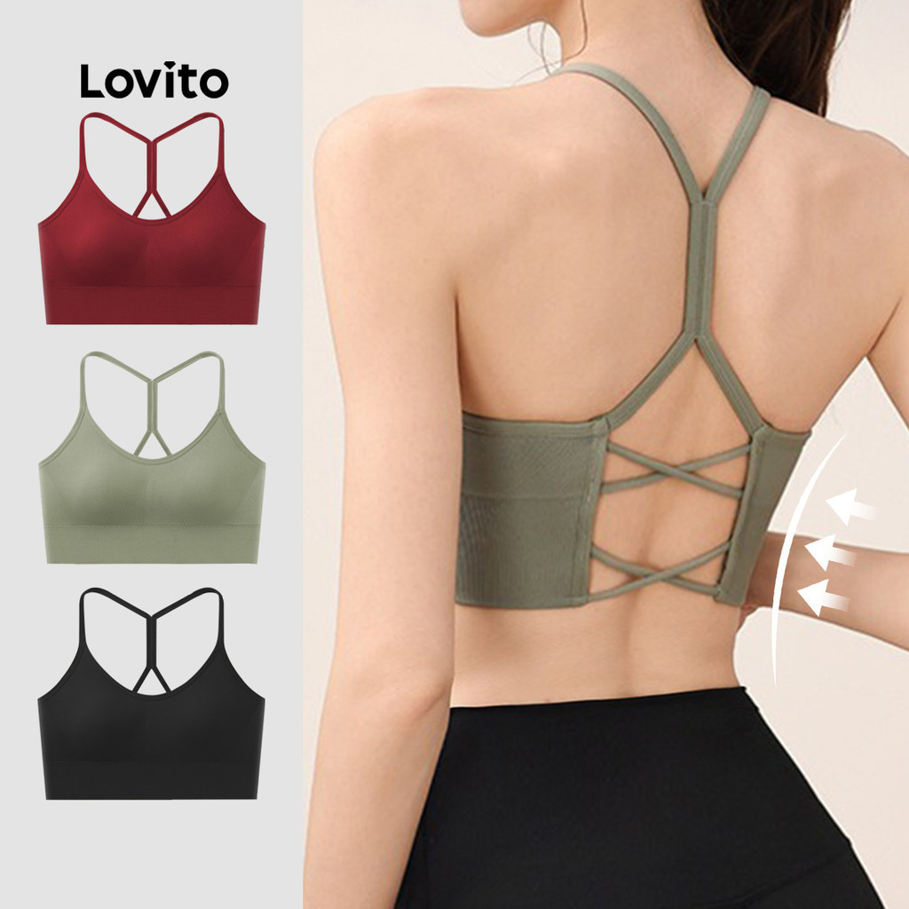 Lovito Women Casual Sporty Sports Bra Korean Skinfriendly Push Up 4way Stretchy Green Bra LNA124008