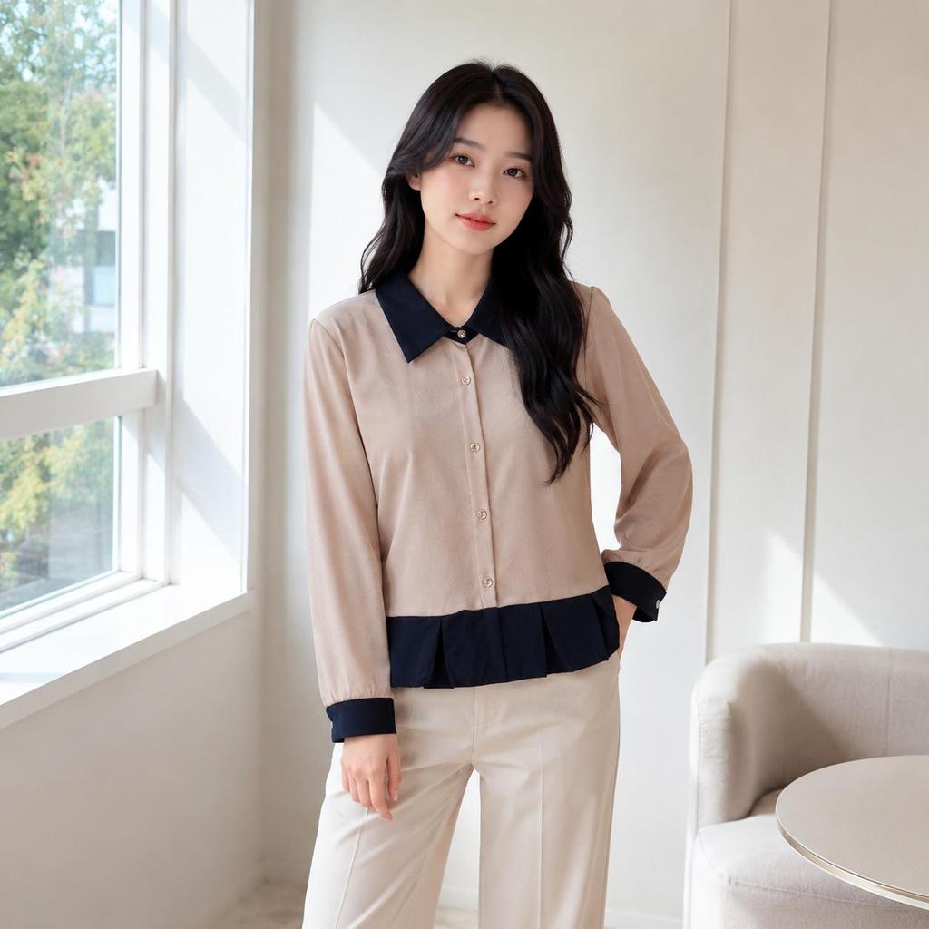 NJW - NERA Blouse two tone knit Katun wanita lengan panjang - atasan wanita