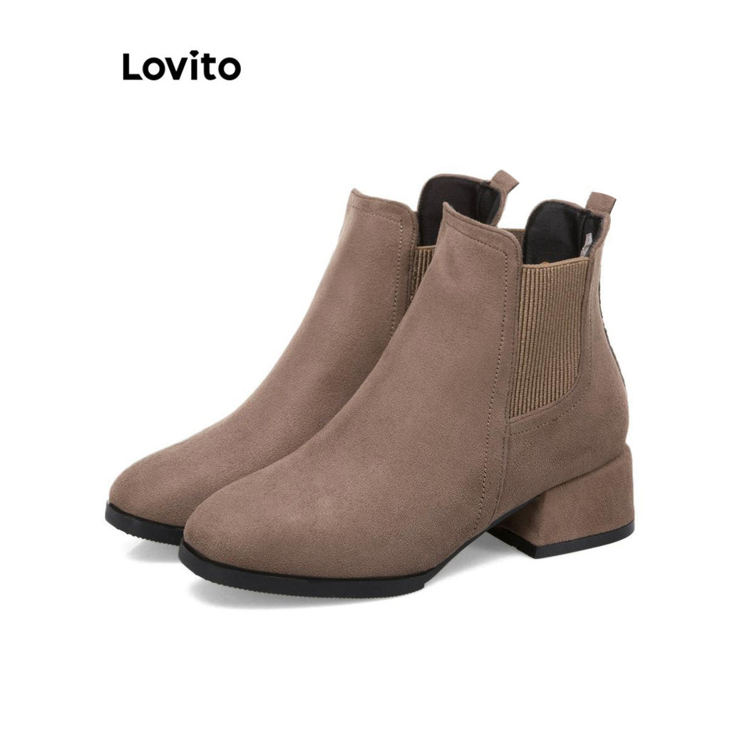 Lovito Women Elegant Plain Suede Block Heels Chelsea Short Office Work Korean Boots European And Ame