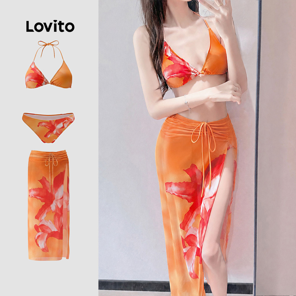 Lovito Women Vacation Sexy Bikini Sets 3 Piece Set Lace Up Spring/summer Coral Orange Bikini Sets LN