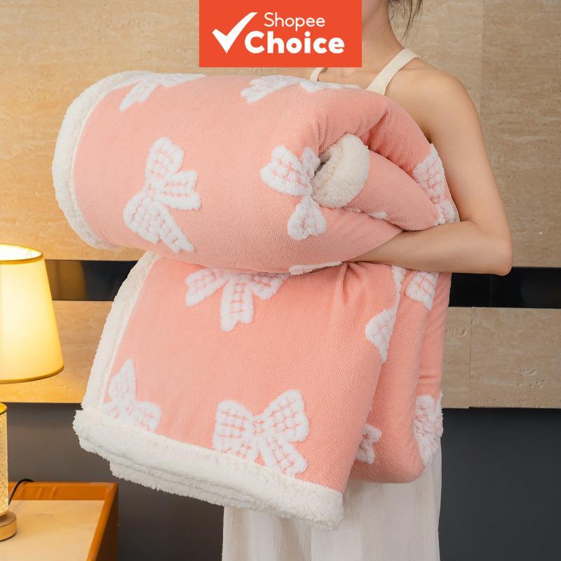 Blanket Pink-White Bow Jacquard Style Polyester Thickened Plush Warm Anti-Slip Home Dorm Single Piec