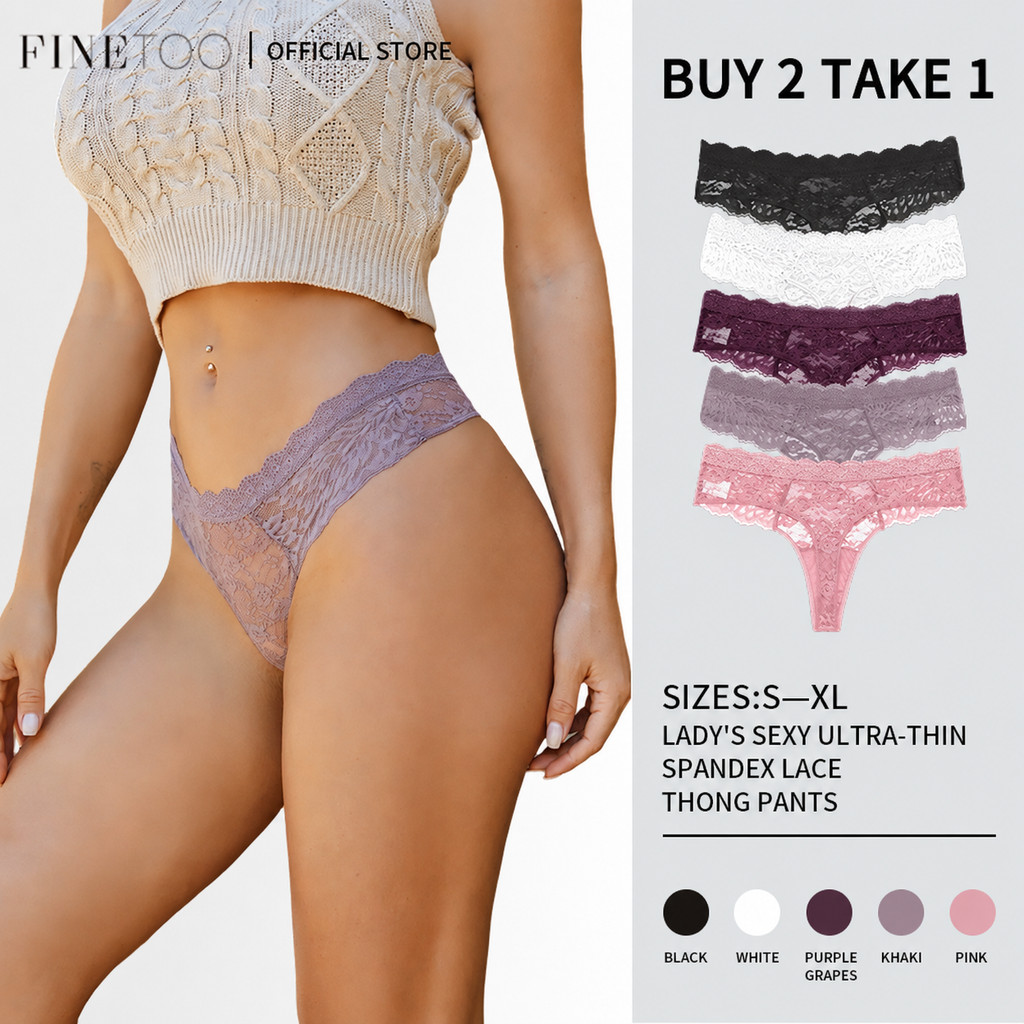 FINETOO 3Pcs/Set Lace Floral Panties for Women Low Waist T-Back Thongs Solid Color Sexy Panty