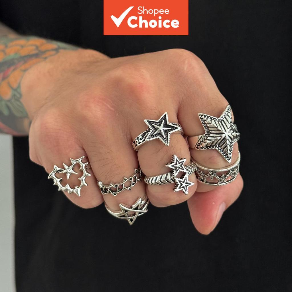 7Pcs Hollow Heart & Star Ring Set for Men, Retro Metal Stackable Rings, Trendy Male Finger Jewelry