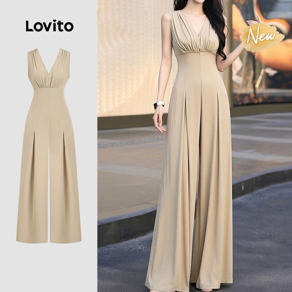 (New Arrival) Lovito Women Elegant Jumpsuit Pleated Structure Line Commute Spring/summer Khaki Jumps