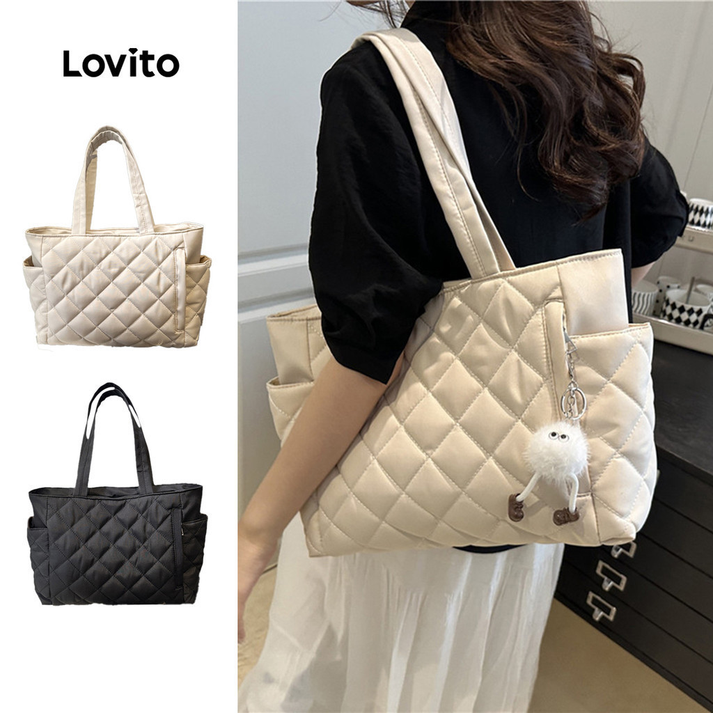 Lovito Women Casual Quilted Durable Fabric Shoulder Tote Bag Travel Daily School/Student Korean Fash