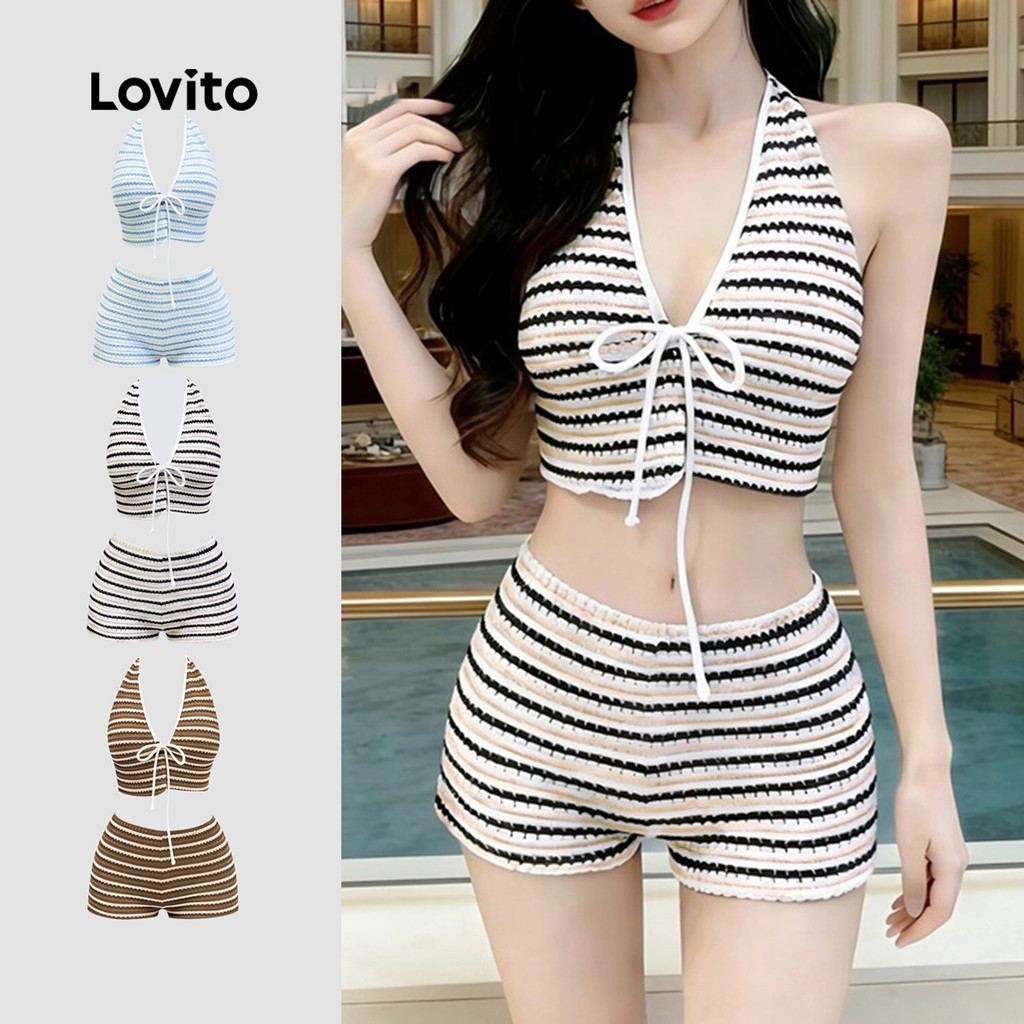 Lovito Women Vacation Bikini Sets 2 Spring/summer Apricot Bikini Sets LNE141X017