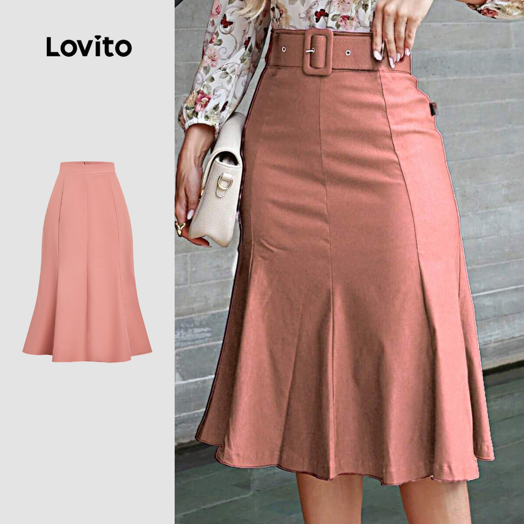 Lovito Women Elegant Skirts Korean Fabric Stitching Zipper Spring/summer Pink (No Belt) LBL32187