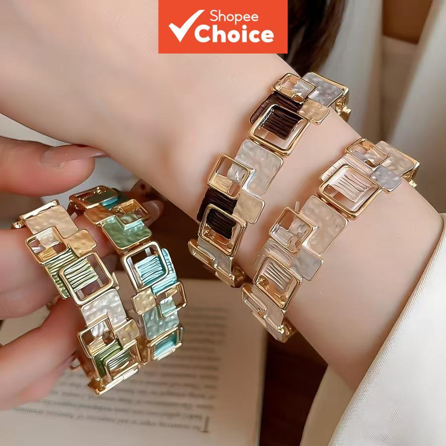 New Retro Blue Enamel Geometric Stretch Bracelet, Women's Fashionable Versatile Elastic Bangle Jewel