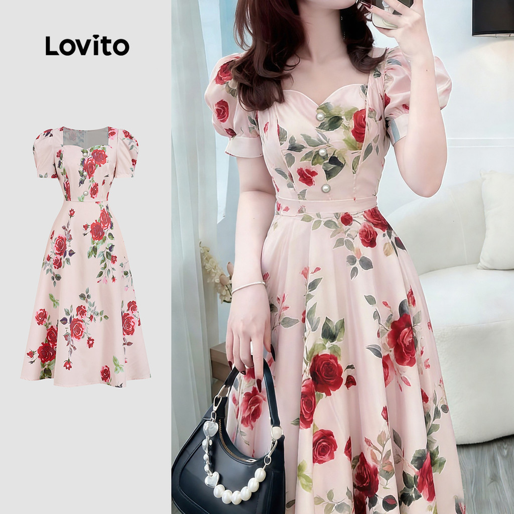 Lovito Women Floral Elegant Dress Korean Zipper Pleated Spring/summer Dress L178LD024