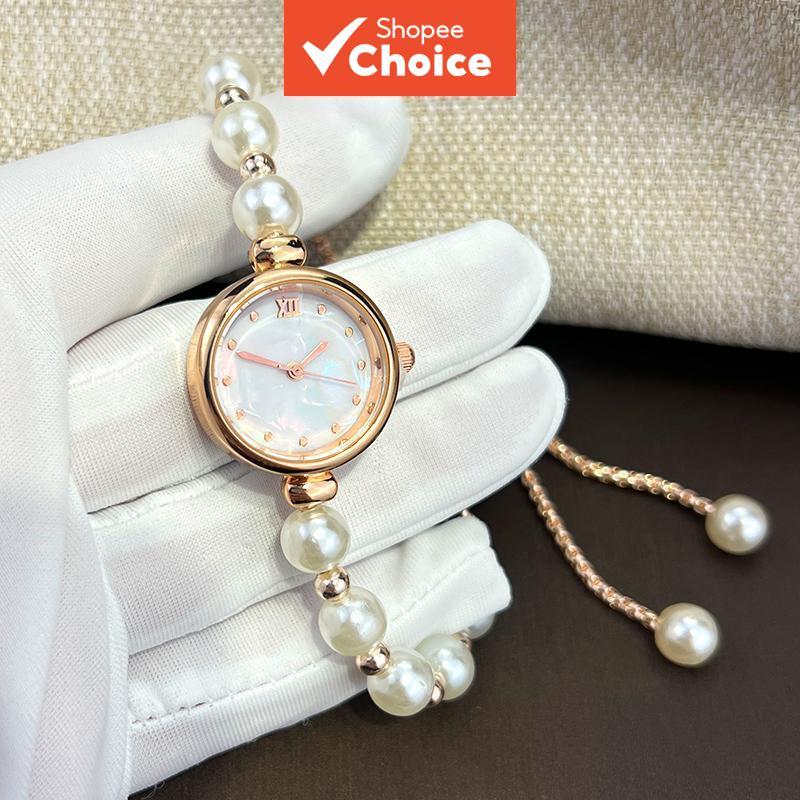 Elegant Women Quartz Watch With Beaded Pull Out Bracelet Alloy Rose Gold Case Frosted Textured Dial