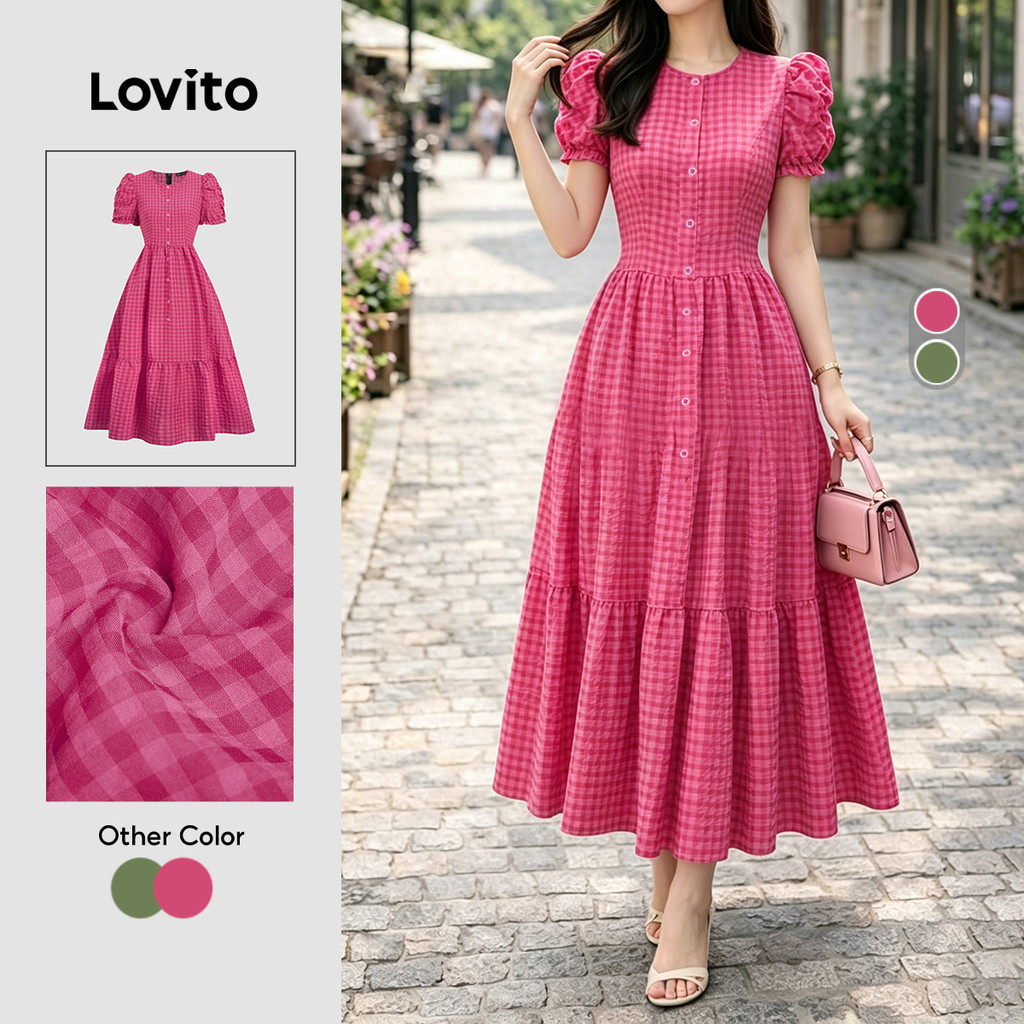(New Arrival) Lovito Women Casual Dress Button Spring/summer Rose Red Dress L196ED128