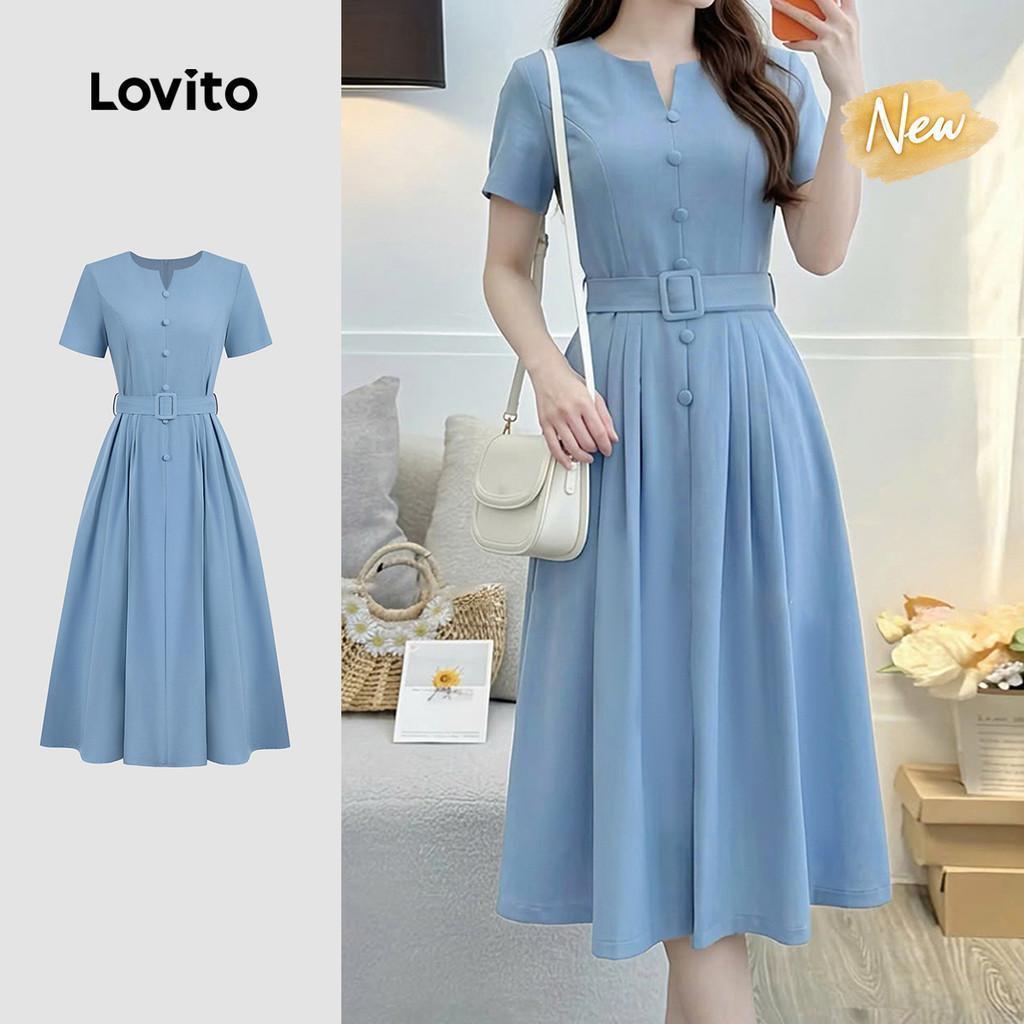 (New Arrival) Lovito Women Elegant Dress Belted Button Pleated Spring/summer Blue Dress LBL37074