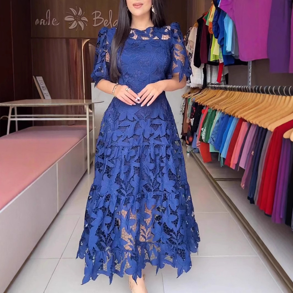Saia longa feminina europeia americana 2026 novo estilo renda oca gola redonda vestido longo de cint
