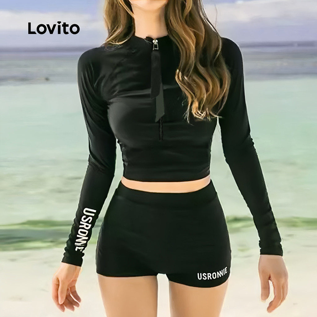 Lovito Women Vacation Sporty Bikini Sets 2 Piece Set Spring/summer Black Bikini Sets LNE130X054