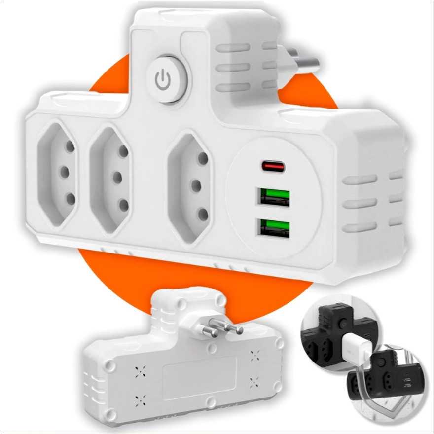 Conector De Extensão Portátil 3 Universal Plug Carregador Rápido 2 Usb 1 Tipe-C Trans.formador Conve