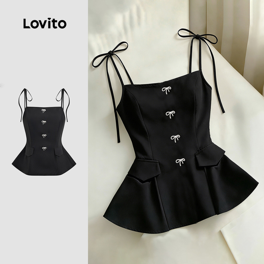 Lovito Women Casual Top Korean Bow Leisure Spring/summer Black Top L179AD114