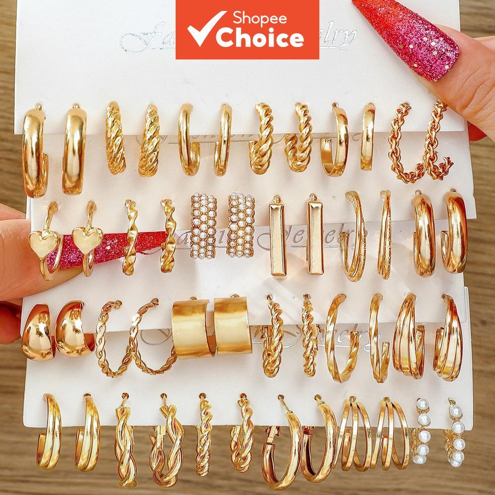 Gold 48pcs/set Vintage Heart Pearl Metal Geometric Twist Hoops Earrings For Women Boho Trendy Jewerl