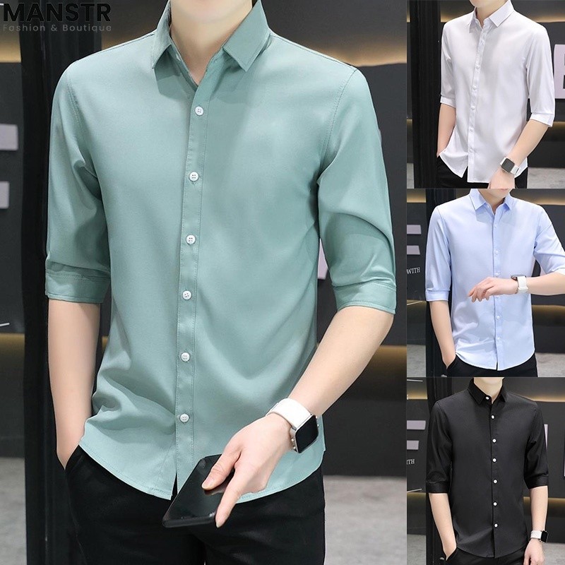 MANSTR Men's Quality Simple Casual 3 4 Sleeves Ice Silk Trend Plain Shirt Korean All-match Solid Col