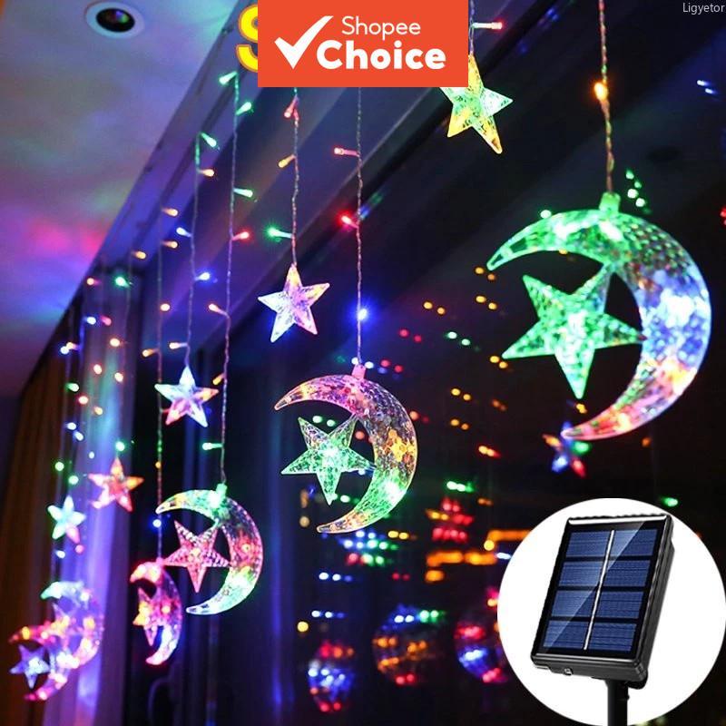 Solar Moon Star Curtain Light LED String Waterproof For Xmas Raya Outdoor Decor