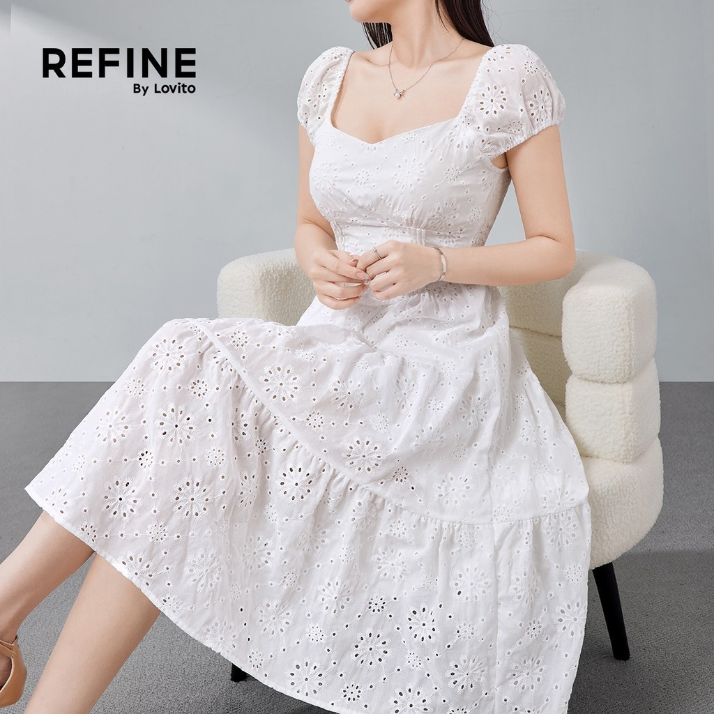 (Refine by Lovito) Women Elegant Dress Office Cotton Structure Line Jacquard Spring/summer White Dre