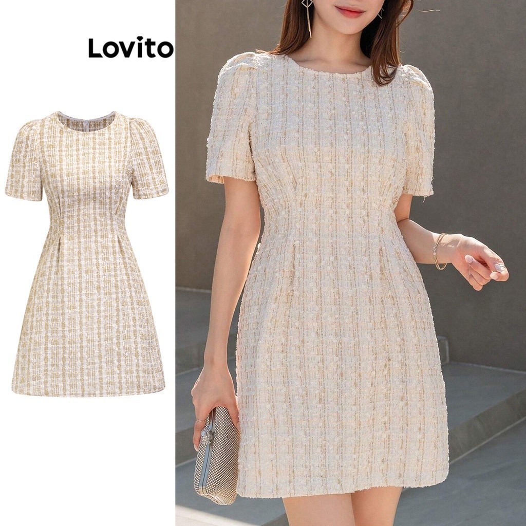 Lovito Women Formal Elegant Dres Plain Tweed Summer/Spring Korean Dress L71ED168