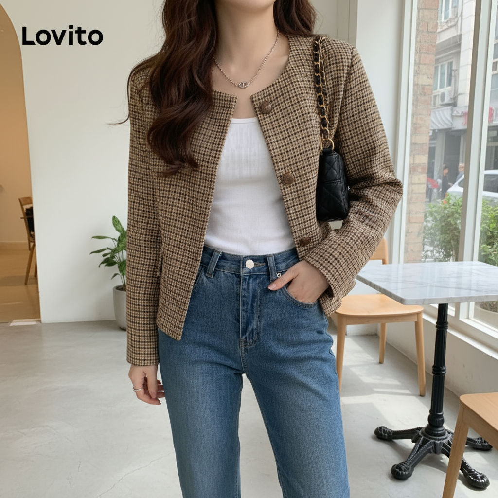 Lovito Women's Elegant Blazer Korean Simple Front Button Coat LNA40091\6