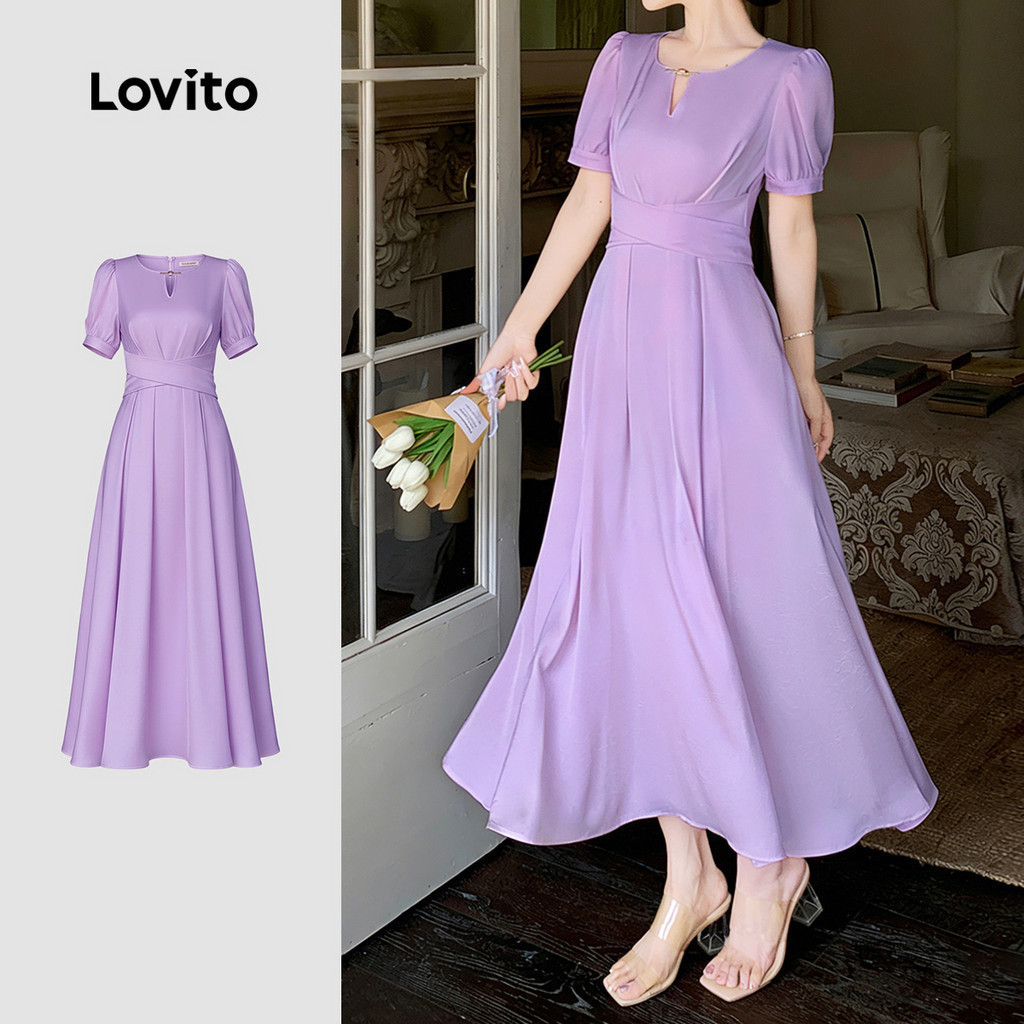 Lovito Women Formal Elegant Dress Korean Cut Out Pleated Spring/summer Purple Dress LK3ED1715