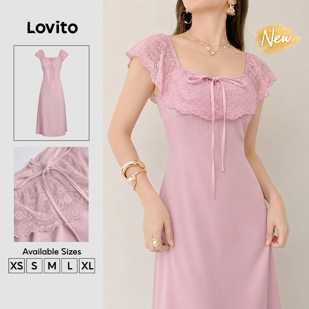 (New Arrival) Lovito Women Elegant Dress 90s Y2K Retro Lace Fabric Stitching Lace Up Spring/summer P