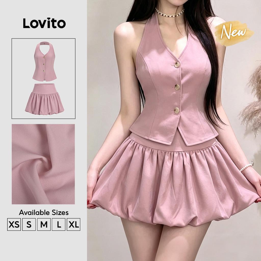 (New Arrival) Lovito Women Casual Korean Button Front Backless Spring Summer Weekend Pink Skirt Tops