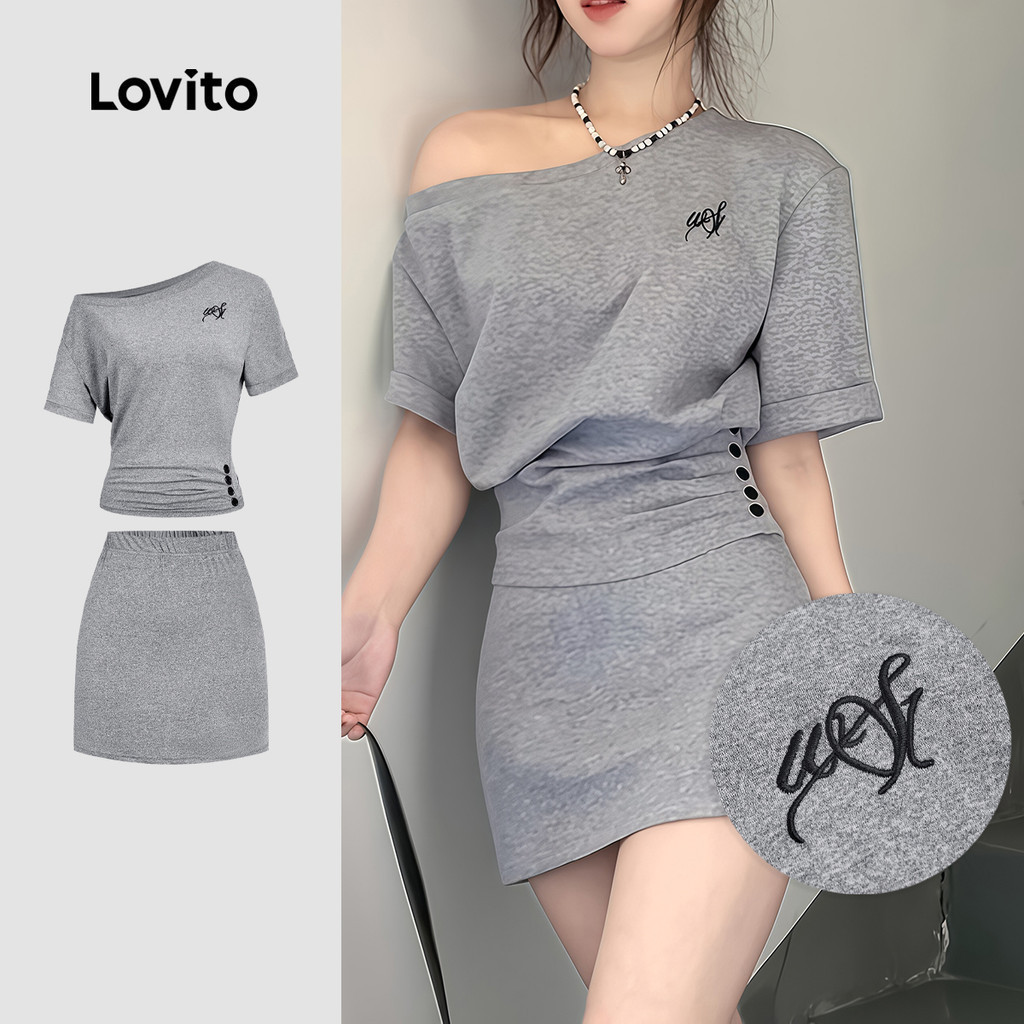 Lovito Women Casual Skirt Sets Korean Embroidery Commute Spring/summer Grey L177ED1084