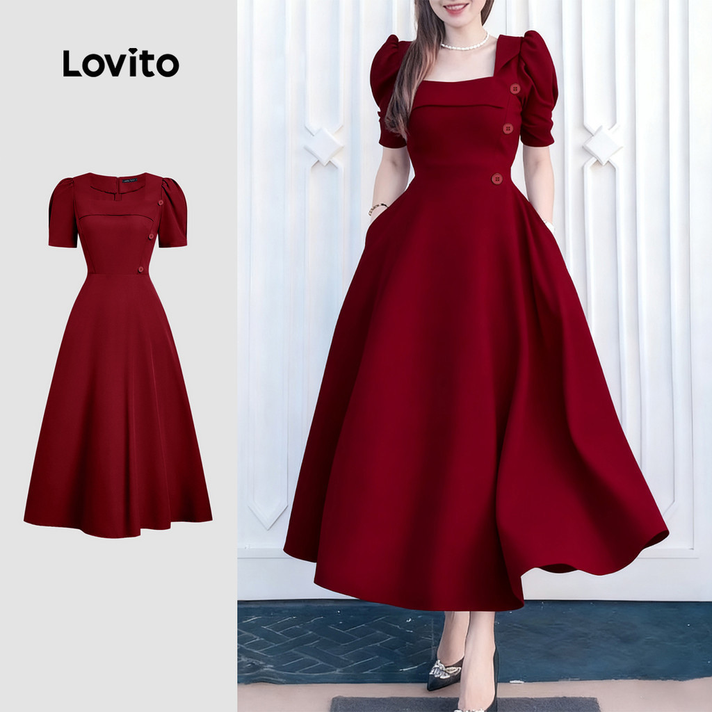 Lovito Women Elegant Dress Korean Asymmetrical Comfy yet Stylish Spring/summer Claret Dress L158ED11